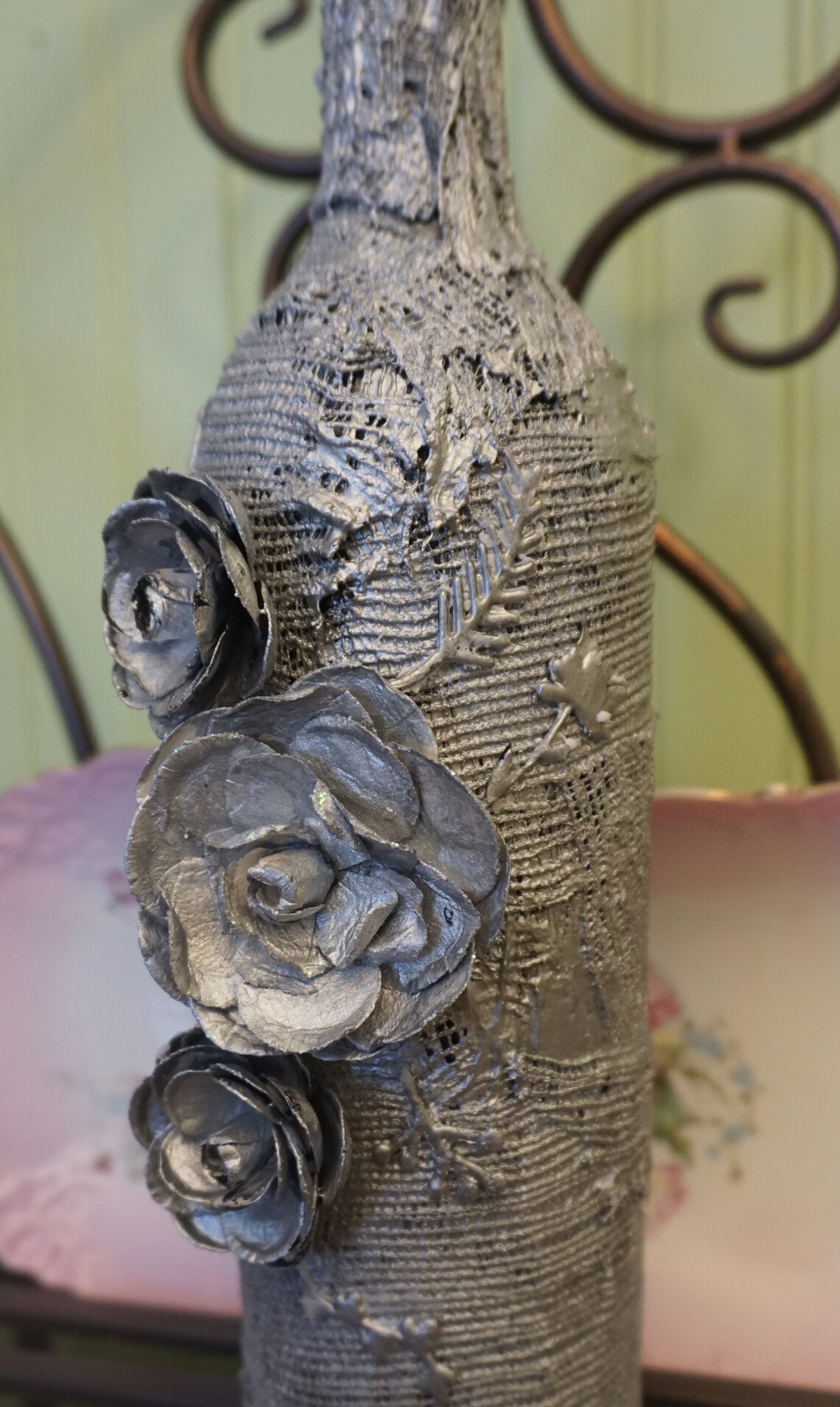 Silver Wine Bottle With Flowers Etsy