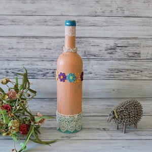 Bottle Art, Altered Wine Bottle, Colorful Decorative Wine Bottle, Accent Piece