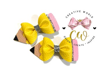 Back to school hair bow-Red and yellow glitter bow-4 inches hair bow-Pencil hair bow-Chalkboard hair bow-First day of school hair bow