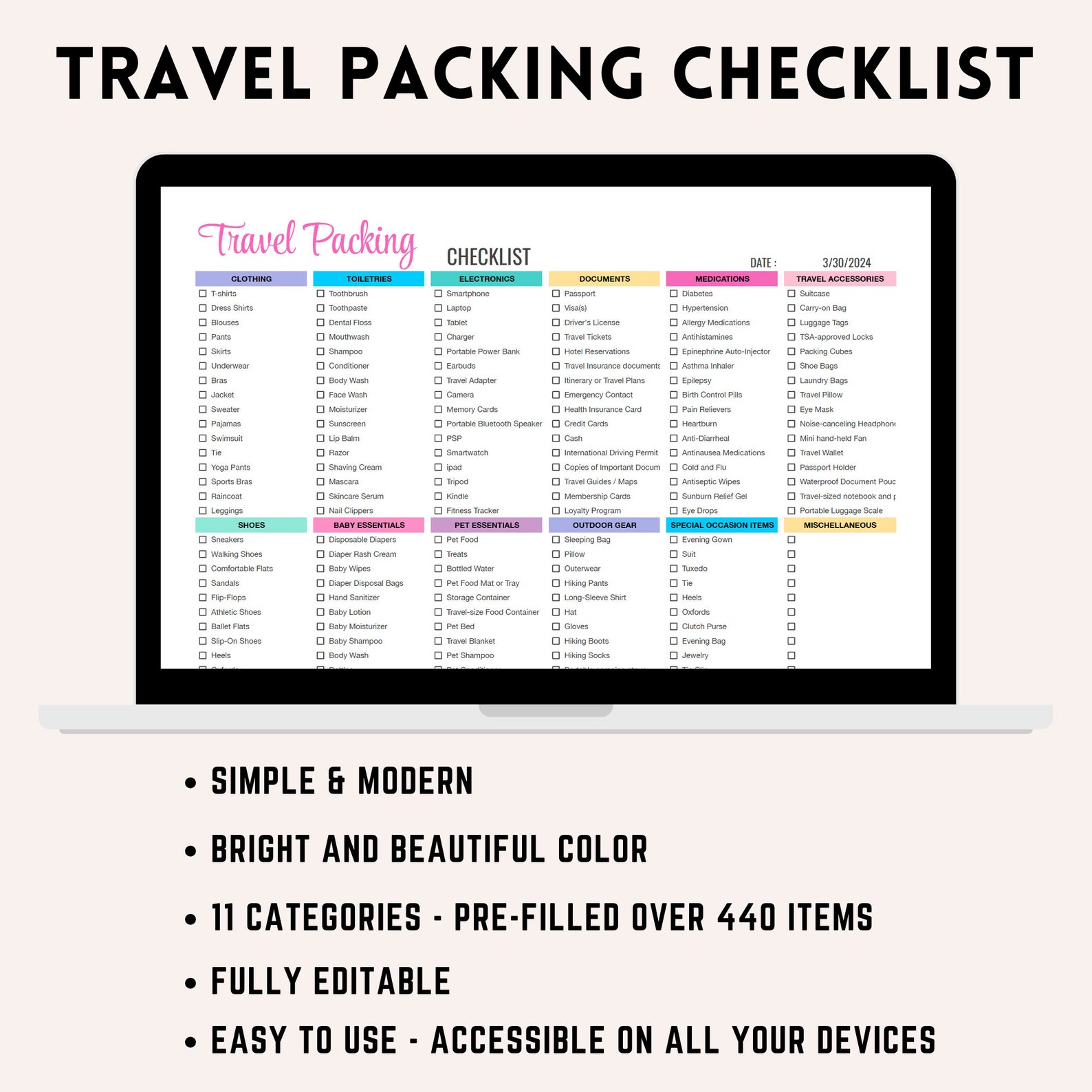 Comprehensive Travel Packing Checklist Spreadsheet | Google Sheets ...