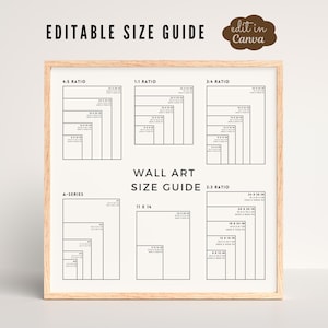 May include: A printable wall art size guide with different aspect ratios, including 4:5, 1:1, 3:4, and 2:3. The guide includes common sizes in inches and centimeters, such as 11x14, 12x18, 16x20, and 20x30. The guide also includes a section for A-series paper sizes.