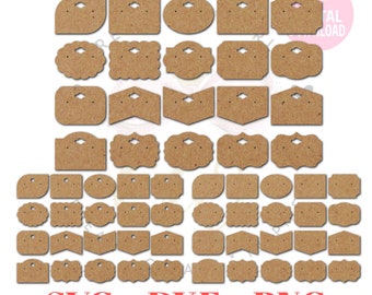 Puede incluir: Un conjunto de 40 tarjetas de exhibición de pendientes de cartón marrón de diferentes formas y tamaños. Las tarjetas tienen agujeros para colgar los pendientes. El texto "SVG + DXF + PNG" está en la parte inferior de la imagen.