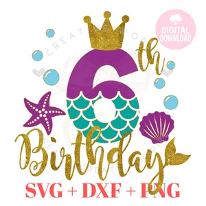 May include: A gold glitter 6 with a purple outline and a mermaid tail design. The number is topped with a gold glitter crown. The text "Birthday" is in gold glitter with a mermaid tail at the end. The text "SVG + DXF + PNG" is in red.