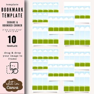 May include: Ten printable bookmark templates featuring a landscape design with a green hill, blue sky, and white clouds. The templates are available in various sizes, including 2 inches by 4 inches, 2 inches by 5 inches, 2 inches by 6 inches, 2 inches by 7 inches, and 2 inches by 8 inches.