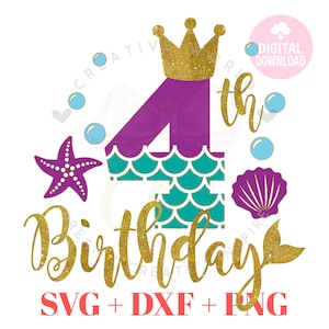 May include: A purple number four with a gold crown on top, surrounded by teal mermaid scales. The number is part of a gold glitter design that says "4th Birthday". There is a purple starfish, a purple seashell, and a gold glitter mermaid tail in the design.