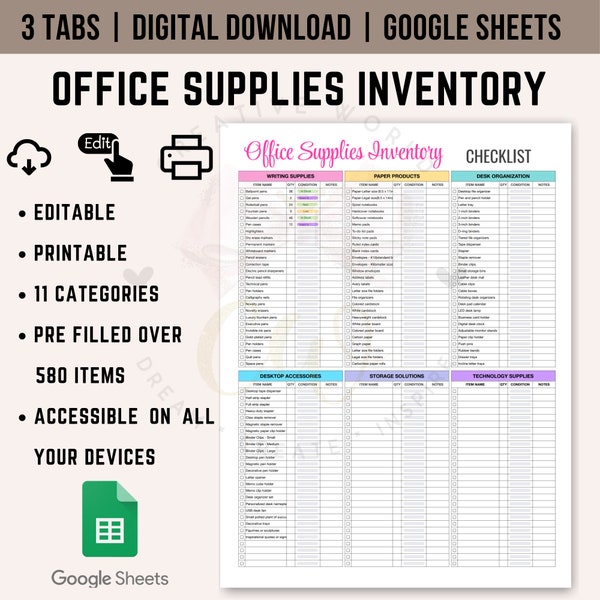 Comprehensive Office Supplies Inventory Checklist Spreadsheet | Google Sheets Template | Office Supplies Inventory Checklist Spreadsheet