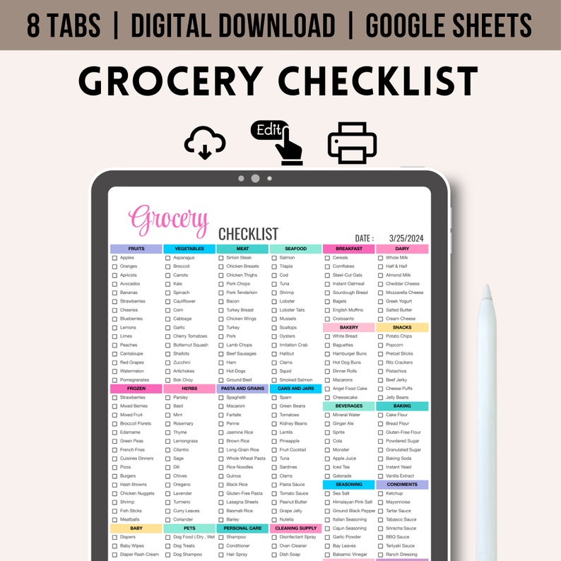 Op de afbeelding: Een digitale boodschappenlijst-sjabloon voor Google Sheets. De checklist is georganiseerd per categorie, waaronder fruit, groenten, vlees, vis, ontbijt, zuivel, bakwaren, snacks, diepvriesproducten, kruiden, pasta en granen, blikjes en potten, dranken, bakken, kruiden, sauzen, baby, huisdieren, persoonlijke verzorging en schoonmaakmiddelen. De sjabloon is ontworpen om gebruikers te helpen hun boodschappen te plannen en hun aankopen bij te houden.