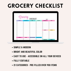 Op de afbeelding: Een digitale boodschappenlijst-sjabloon op een laptopscherm. De checklist is georganiseerd per categorie, met secties voor fruit, groenten, vlees, vis, ontbijt, zuivel, bakkerij, snacks, diepvriesproducten, kruiden, pasta en granen, blikjes en potten, dranken en bakken. De sjabloon is kleurrijk en gemakkelijk te gebruiken.