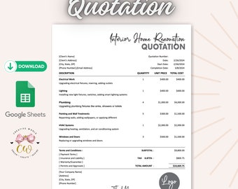 Interior Home Renovation Quotation | Google Sheets Template | Editable & Modern | Printable Home Renovation Quote Template