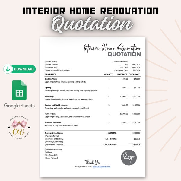 Interior Home Renovation Quotation | Google Sheets Template | Editable & Modern | Printable Home Renovation Quote Template