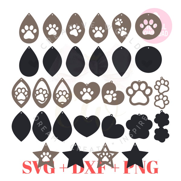 Paw print earring svg | Dog paw print svg | Cat paw print | Leather Earrings svg | Earring Template | Laser Cut Files | 60 Templates | ET004