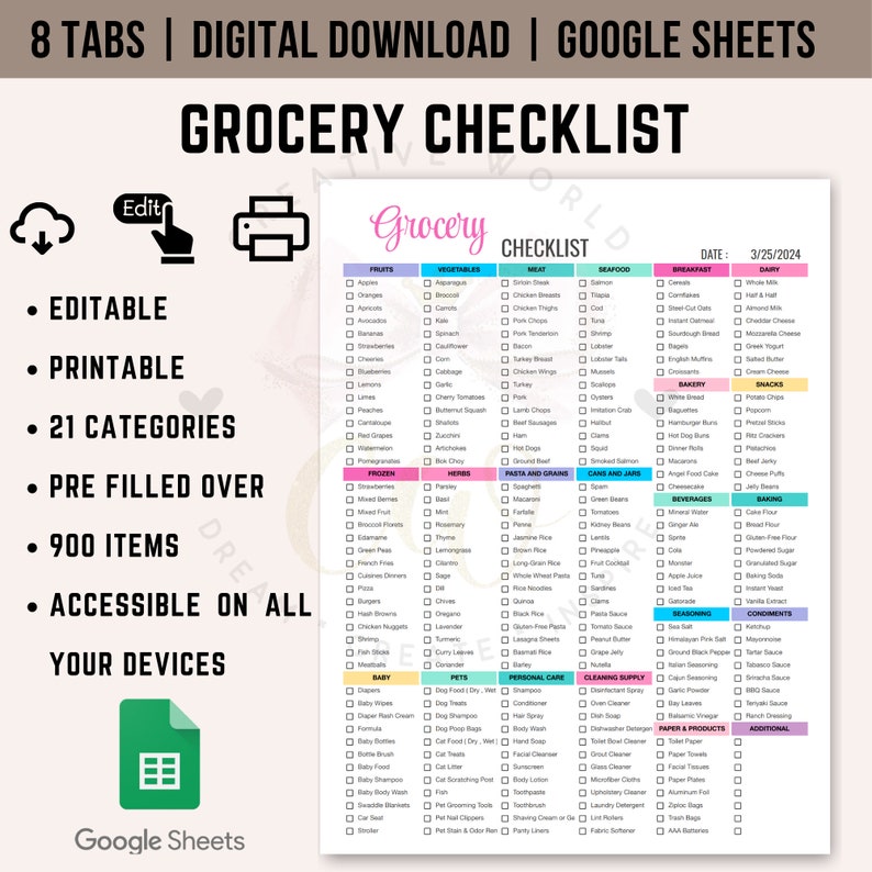 Op de afbeelding: Een afdrukbare boodschappenlijst in Google Sheets-formaat met 21 categorie&euml;n, meer dan 900 items en 8 tabbladen. De lijst is bewerkbaar en toegankelijk op alle apparaten. De lijst is gedateerd 25/03/2024.