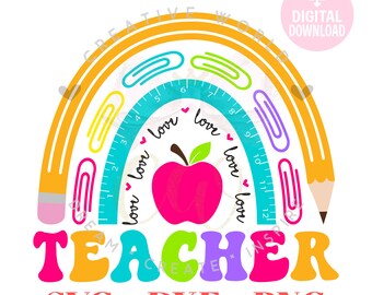 Útiles escolares Rainbow svg / Rainbow svg / Teacher svg / Teacher / Regreso a la escuela svg / Cute Rainbow svg / Descarga instantánea