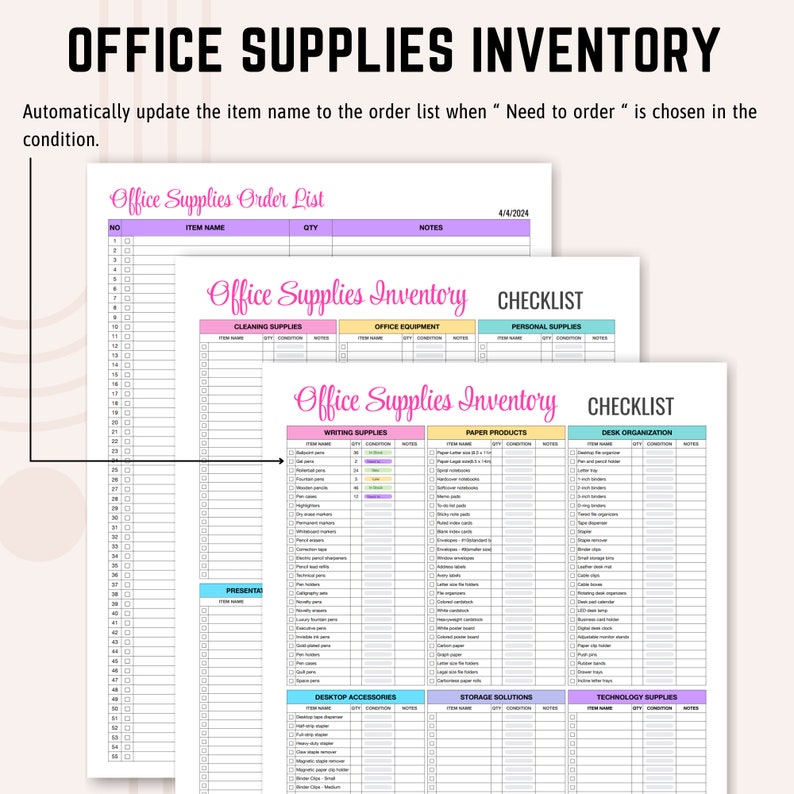 May include: A printable office supplies inventory checklist with sections for cleaning supplies, office equipment, personal supplies, writing supplies, paper products, desk organization, desktop accessories, storage solutions, and technology supplies. The checklist includes columns for item name, quantity, condition, and notes.