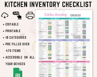 Comprehensive Kitchen Inventory Checklist Spreadsheet | Google Sheets Template | Kitchen Inventory Checklist Spreadsheet | Kitchen Checklist