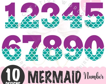 May include: Ten mermaid-themed numbers, 1 through 10, with purple tops and teal mermaid scales. The numbers are outlined in white and have a white background.