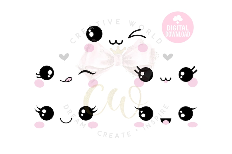 May include: A digital download of a set of cute cartoon eyes and mouths with different expressions. The eyes are black with white pupils and eyelashes. The mouths are pink and have different expressions, including a smile, a wink, and a frown. The text "Create, Dream, Inspire" is written in a gold script font.
