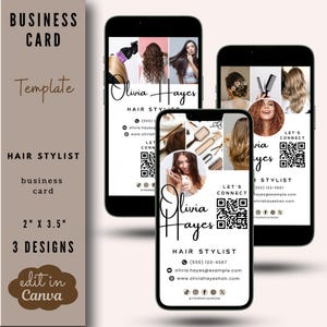 Modelo de cartão de visita digital para cabeleireiro | 3 designs editáveis para profissionais de salão | Ferramenta de branding para negócios de cabelo | BC002
