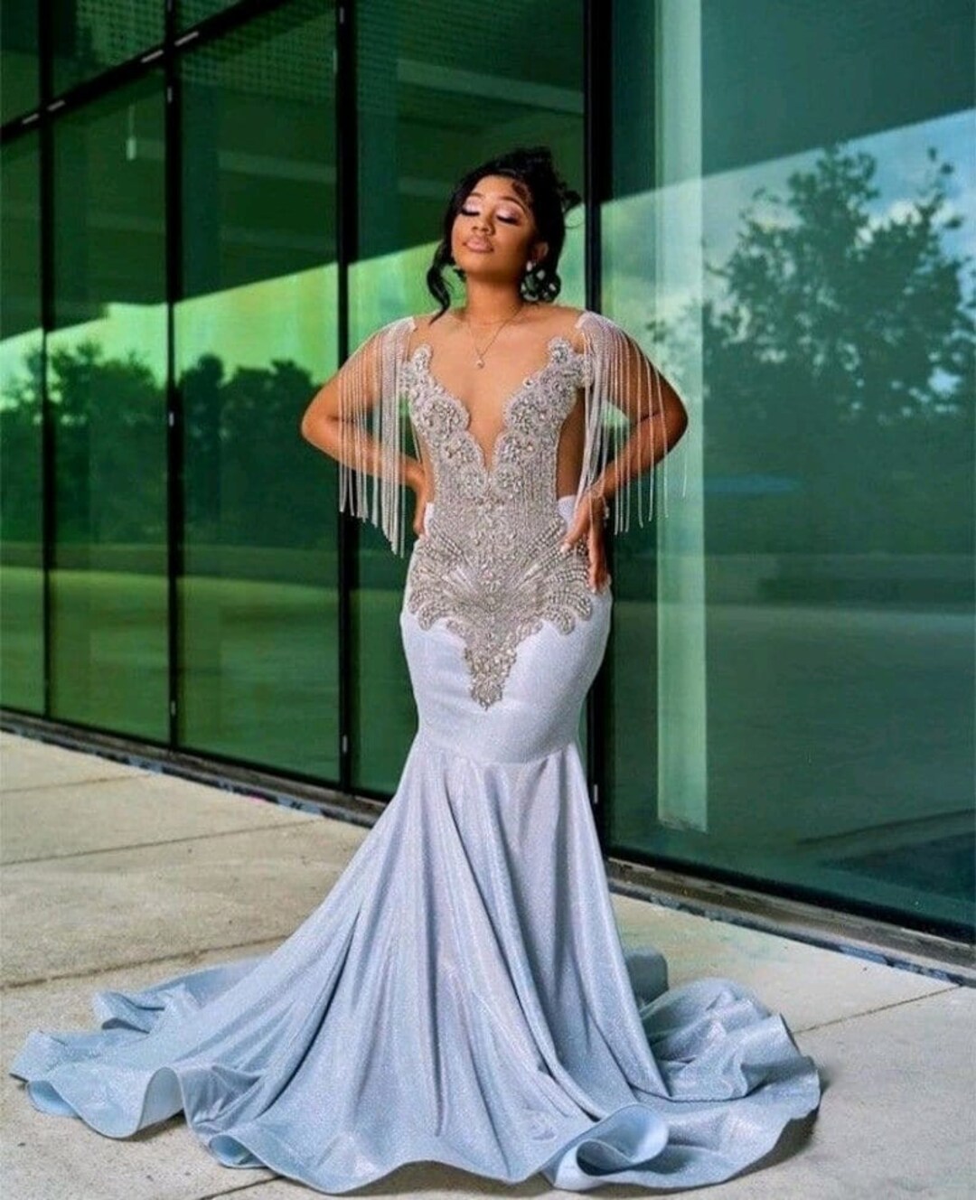 Silver Rhinestone Mermaid Prom Dress, Evening Dress, Wedding Dress