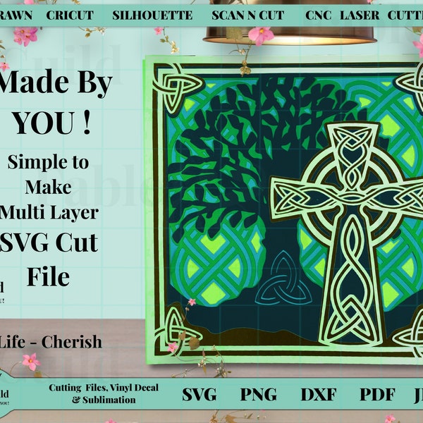 Tree of Life SVG Wall Art, Celtic Cross SVG, 3D Multi Layered Cricut Cut File, Lucky Irish St Patricks Day SVG Celtic Knot Decor