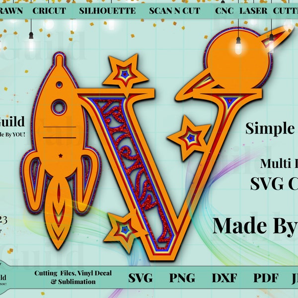 Boys Spaceship Birthday svg, Space Rocket Party SVG, 3D Layered Mandala Alphabet Letter V, Girl Boy Birthday Card SVG Cut Files for Cricut