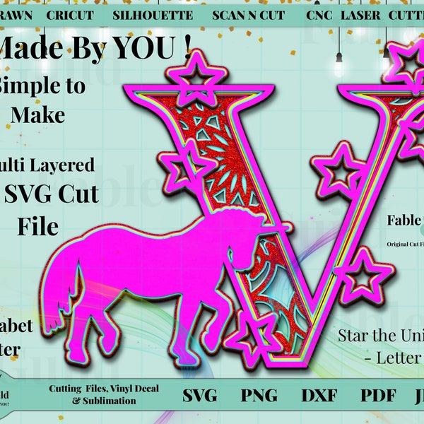 3D Layered Cardstock Unicorn SVG Cut File for Cricut, Unicorn SVG Cut File, 3d Multilayered Mandala, Unicorn SVG Monogram Alphabet Letter V