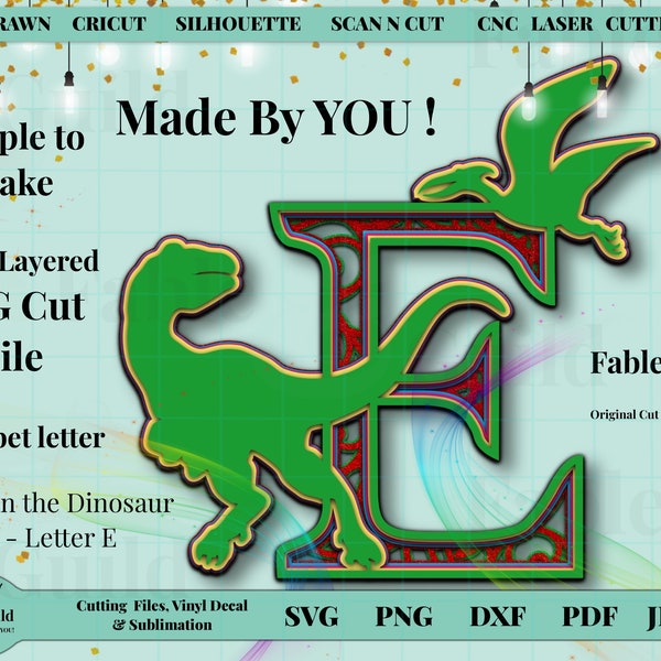 Dinosaur Cricut Cut File 3D Multilayer Layered SVG Mandala Alphabet Letter E T-Rex Cutting File for Cricut ScanNCut Silhouette Jurassic Park