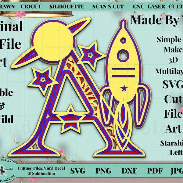 Rocket Space ship SVG for Kids Party Decor, 3D layered Spaceship Alphabet Letter A, SVG Mandala Monogram, Girl Boy Cut File for Cricut