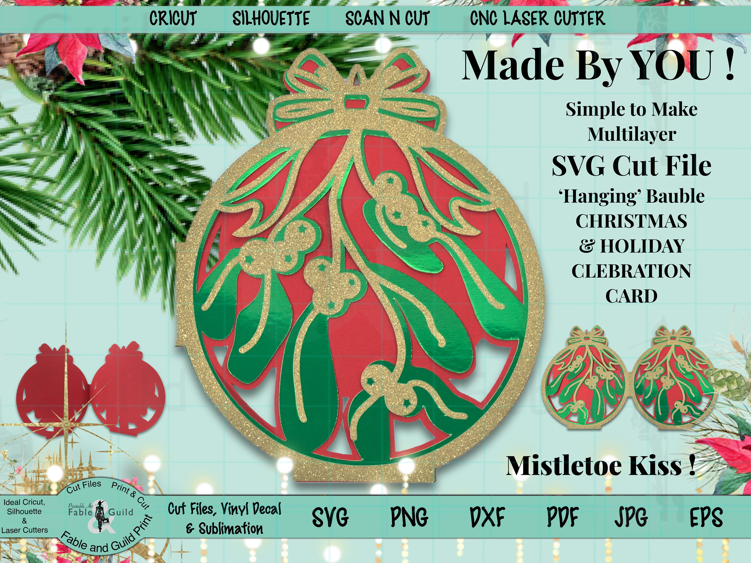Download Svg Christmas Card Svg 3d Multi Layered Mistletoe Paper Cut File For Cricut Silhouette Scanncut Festive Holiday Bauble Tree Ornament Gift