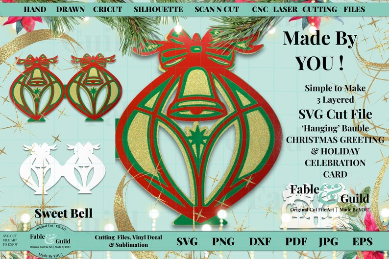 SVG Christmas Decoration Card SVG 3D Layered Festive Bell Holiday Tree Ornament Easy Paper Vinyl Cut File Cricut ScanNCut Silhouette Cameo