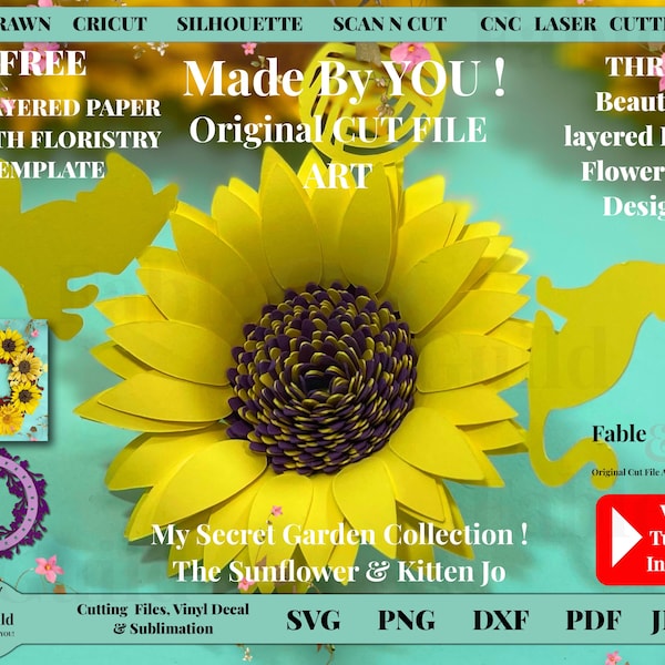 Cat svg and Sunflower svg Cut File for Cricut, Rolled Flower Svg, Paper Sun flower Template with FREE 3D Layered WREATH Template Cat svg and Sunflower svg Cut File for Cricut, Rolled Flower Svg, Paper Sun flower Template with FREE 3D Layered WREATH Template