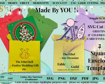 Square Envelope Template SVG Bundle for Christmas Card Design, Wedding Bells Invite SVG Cut File, Envelope Design for Cricut or Silhouette