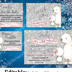 Winter baby shower, witte beer uitnodigen, Arctic baby shower, baby douche afdrukbare, luier loterij ticket, boek aanvraag kaart, baby douche meisje
