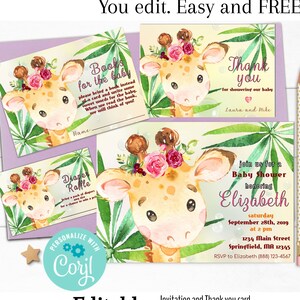 Jungle baby shower, Giraffe uitnodiging, luier loterij invoegen, boeken aanvraag en Bedankkaart, baby shower afdrukbare, gepersonaliseerde uitnodigen