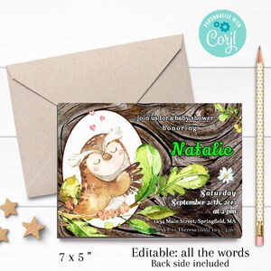 Owl baby shower invitation, Woodland animals Baby Shower printable, Owl invitation template, Unisex Baby shower, Personalized Invitation