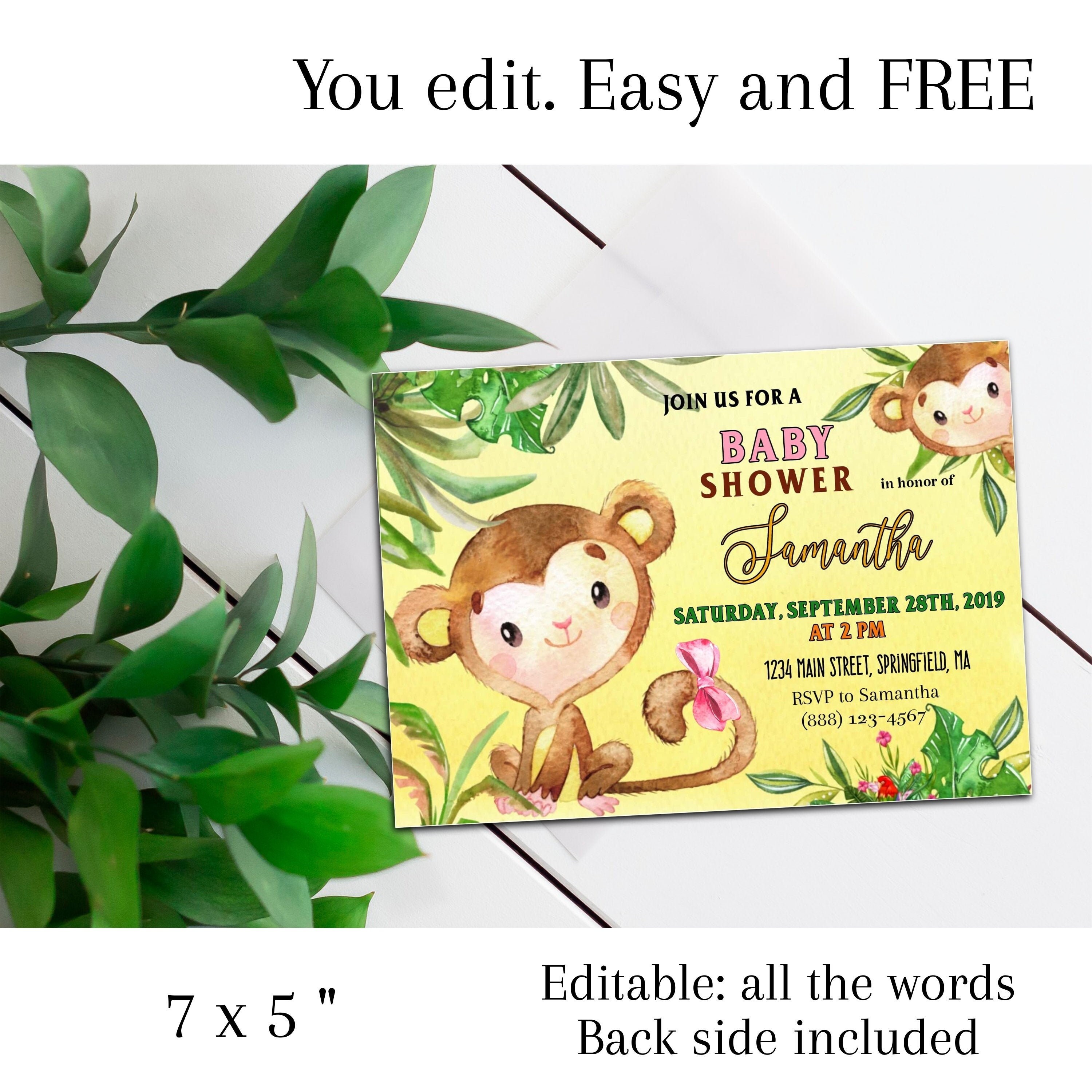 Monkey Baby Shower Invitation, Monkey Baby Shower Printable, Jungle