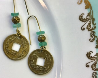 WATER DRAGONS - Coin Earrings - Chinese Coin - Brass Replica - Roman Glass Beads - Zen Vibe - Simplicity - Feng Shui - Boho Style -sl112