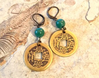 Kolczyki z monetami JADE - prezent na Nowy Rok Księżycowy - Feng Shui - Medytacja Zen - Kolczyki I-Ching - Prezent na szczęście - sle53