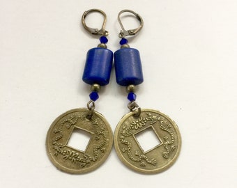 BLUE DRAGON - Earrings - Coin Earrings - Lucky Dragons - Asian Vibe - Boho Dragon Earrings - Coin Jewelry - Lapis Style - Meditation - se104