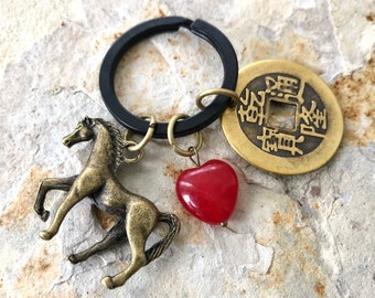 HORSE & HEART Key Ring - Lucky Coin Key Ring - Old China Coin - Red Heart Gift - Horse Lover's Gift - Valentine Gift - kr-31