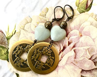 JADE Heart Earrings - Old China Coin Replicas - Asian Boho - Chinese Chic - Vintage Boho Look - Hippie Spirit - Asian Dangles SL146