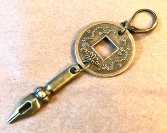 WRITER'S Earring - Pen Nib - UNISEX - Double Dragon - Single Earring - Brass Replica - Old China Cash Coin - Gift for Him - Boho Style sle70