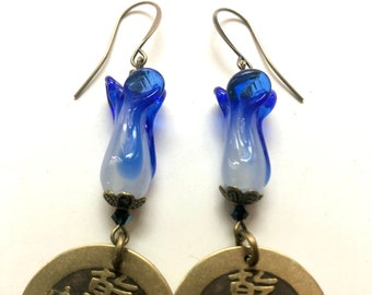 LITTLE CABBAGE Earrings - China Coin Earrings - 大白菜 - Brass Jewelry - Coin Jewelry - Blue Glass Cabbage Earrings - Cabbage Earrings - S179