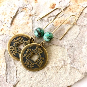 Natural TURQUOISE - Minimalist Coin Dangle - Boho Chic - Asian Vibe Earrings - Good Luck Earrings -  sl135