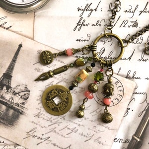 ASIAN Charm Necklace - Pink & Olivine - Asian Boho Necklace - 22 Inch Rolo Chain - Victorian Asian Vibe - Pretty Pink Vintage Style - sln91
