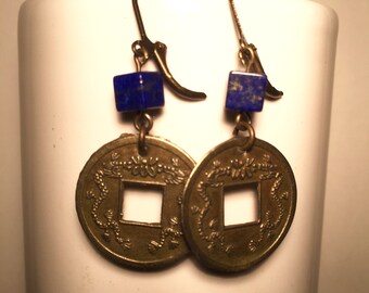 DRAGON & LAPIS - Replica China Coins - Lunar New Year - Feng Shui - Meditation - Asian Style - Boho Earrings - 1970's - Good Fortune - sle54