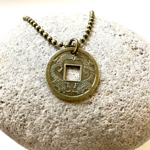 DOUBLE DRAGON - Coin Pendant - 20" Chain - Asian Boho - Good Luck Amulet - Brass Replica Coin - Chinese Vibes - I-Ching Pendant - Asia - S67