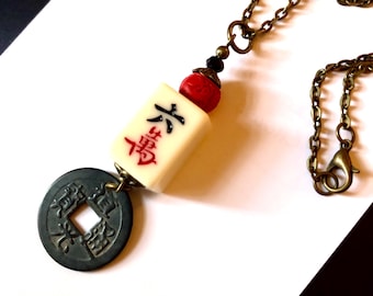 Mahjong & Coin Necklace - Asian Boho - Mahjong Player Gift - Number 6 Tile - Chinese Necklace - Asian Culture - Mahjong Madness Gift - M17