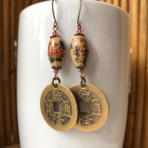 Painted PORCELAIN Bead - Flowers & Poem - Coin Earrings - Asian Vibe Dangles - Coin Jewelry - Chinese Characters - Chinese Earrings SL114
