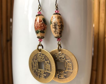 Painted PORCELAIN Bead - Flowers & Poem - Coin Earrings - Asian Vibe Dangles - Coin Jewelry - Chinese Characters - Chinese Earrings SL114